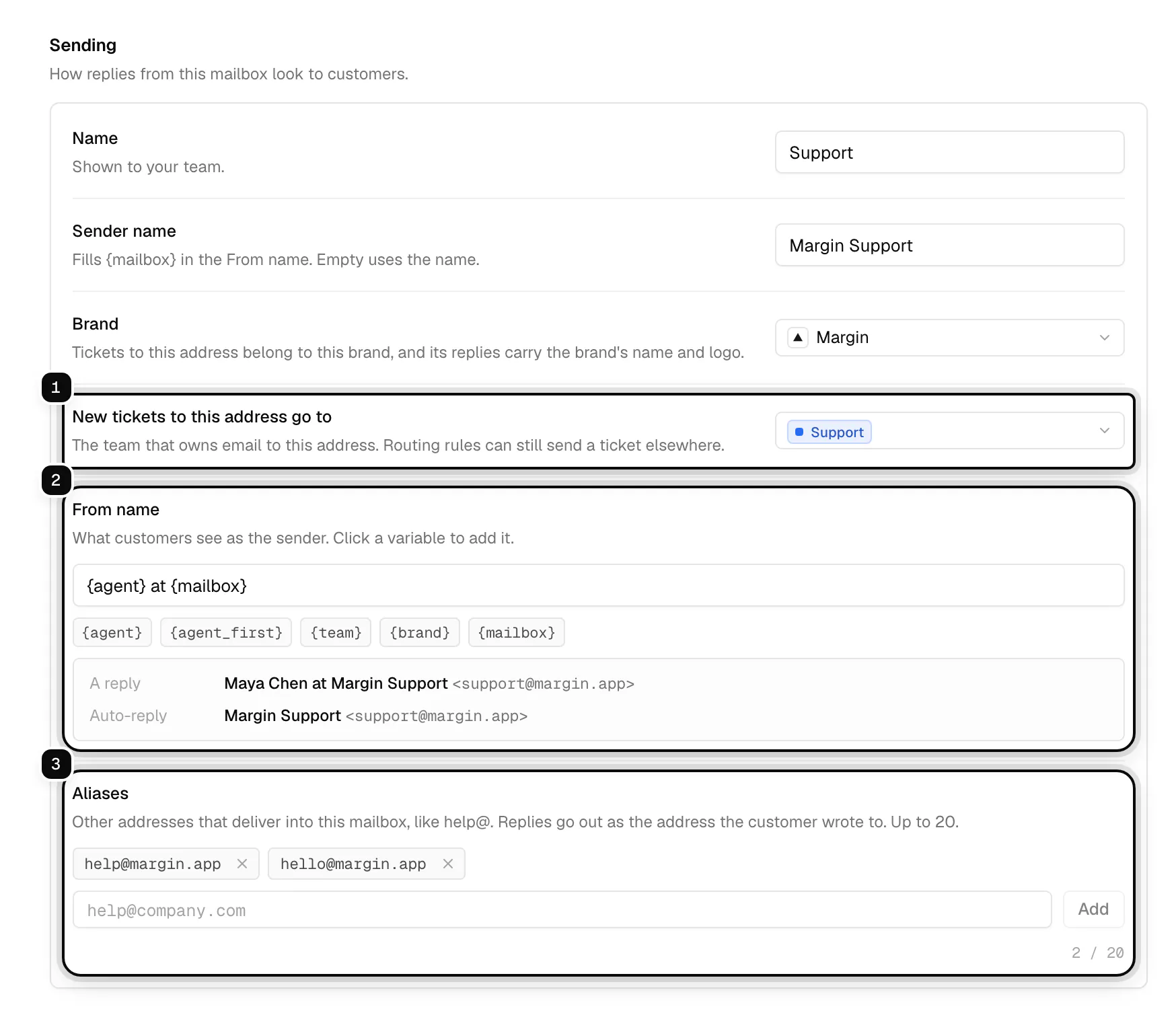 A mailbox's Sending settings: the team for new tickets ringed as 1, the From name with its preview ringed as 2, and the aliases ringed as 3