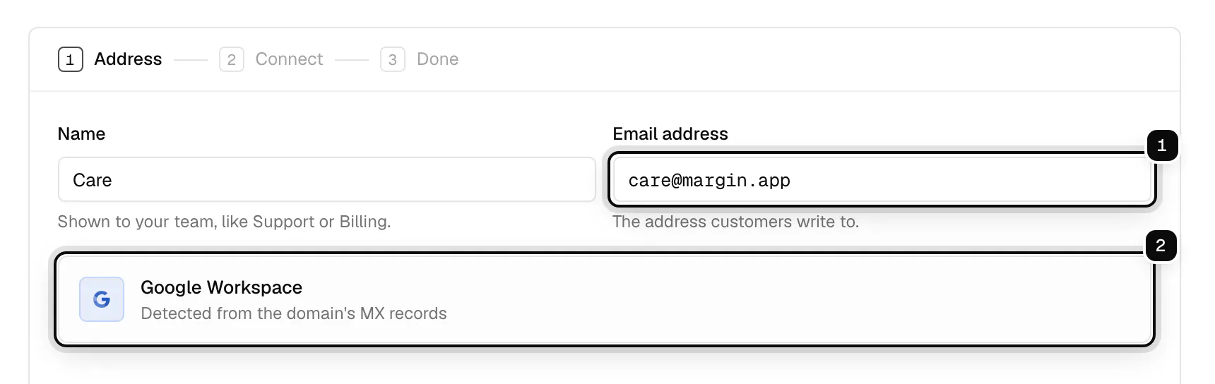 The email address care@margin.app ringed as 1, and below it Google Workspace, detected from the domain's MX records, ringed as 2