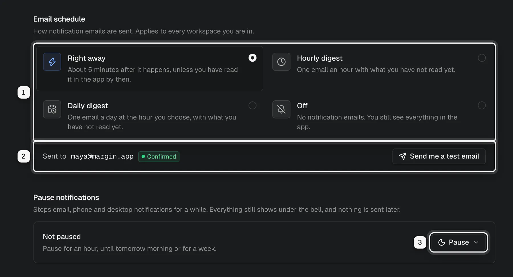 The top of the Notifications settings page: the email schedule cards ringed as 1, the address emails go to with Send me a test email ringed as 2, and the Pause button ringed as 3