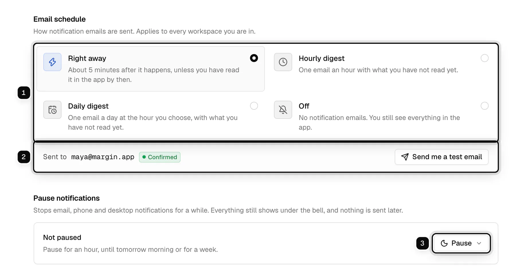 The top of the Notifications settings page: the email schedule cards ringed as 1, the address emails go to with Send me a test email ringed as 2, and the Pause button ringed as 3