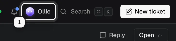 The top bar with the Ollie button ringed as 1, next to Search and New ticket