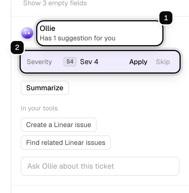 The Ollie section saying it has 1 suggestion, ringed as 1, with a severity suggestion and its Apply and Skip buttons ringed as 2