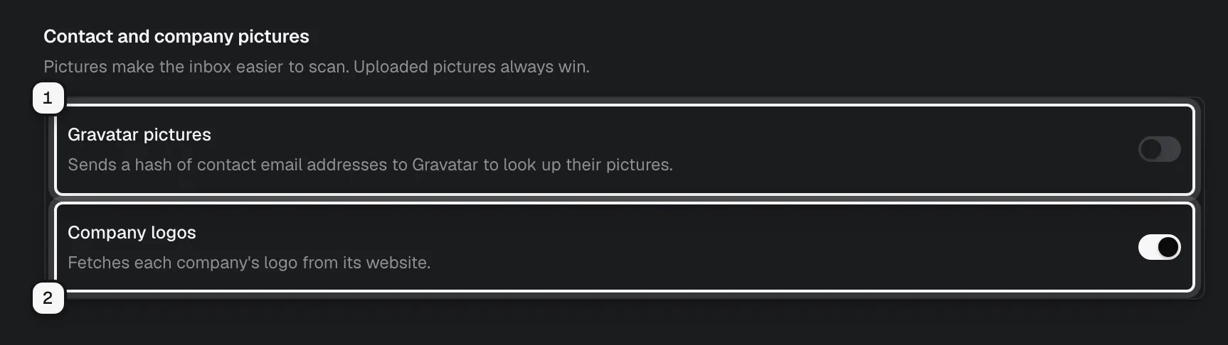 Contact and company pictures: Gravatar pictures ringed as 1, off, and Company logos ringed as 2, on