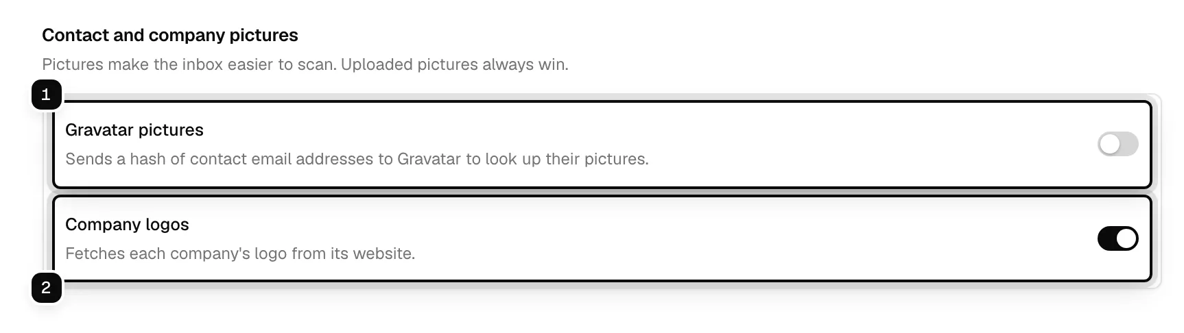 Contact and company pictures: Gravatar pictures ringed as 1, off, and Company logos ringed as 2, on