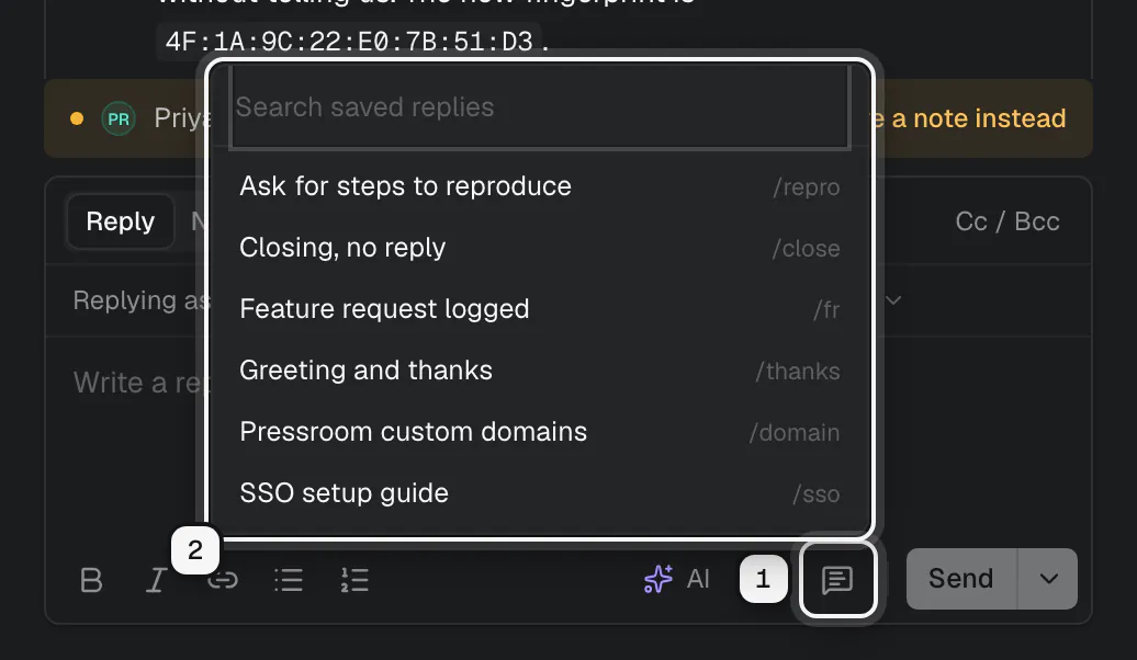 The Saved replies button in the reply box toolbar ringed as 1, and the picker it opens ringed as 2, with a search box and the list of replies