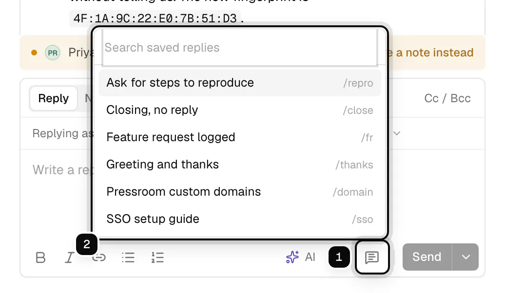 The Saved replies button in the reply box toolbar ringed as 1, and the picker it opens ringed as 2, with a search box and the list of replies