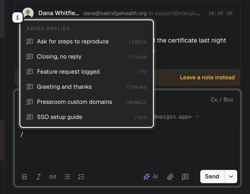 The reply box with a slash typed and the Saved replies list ringed as 1, showing each reply's title and shortcut