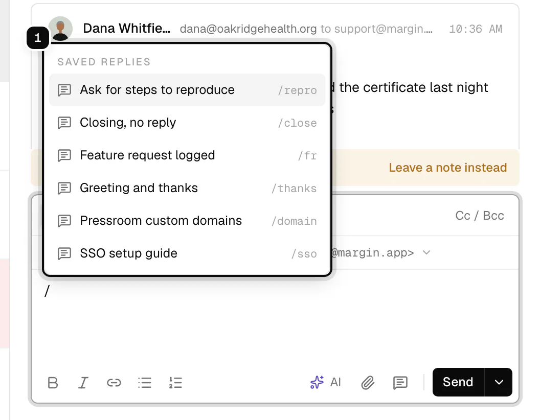 The reply box with a slash typed and the Saved replies list ringed as 1, showing each reply's title and shortcut
