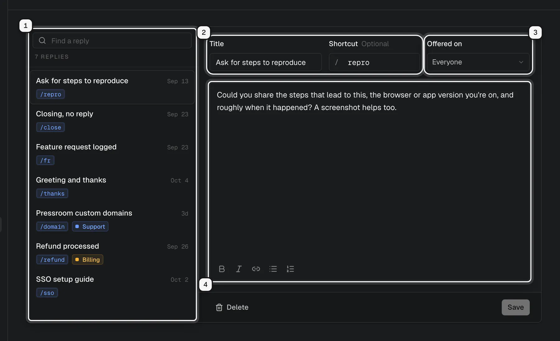 The Saved replies settings page: the list of replies ringed as 1, the Title and Shortcut fields ringed as 2, the Offered on picker ringed as 3, and the reply text editor ringed as 4