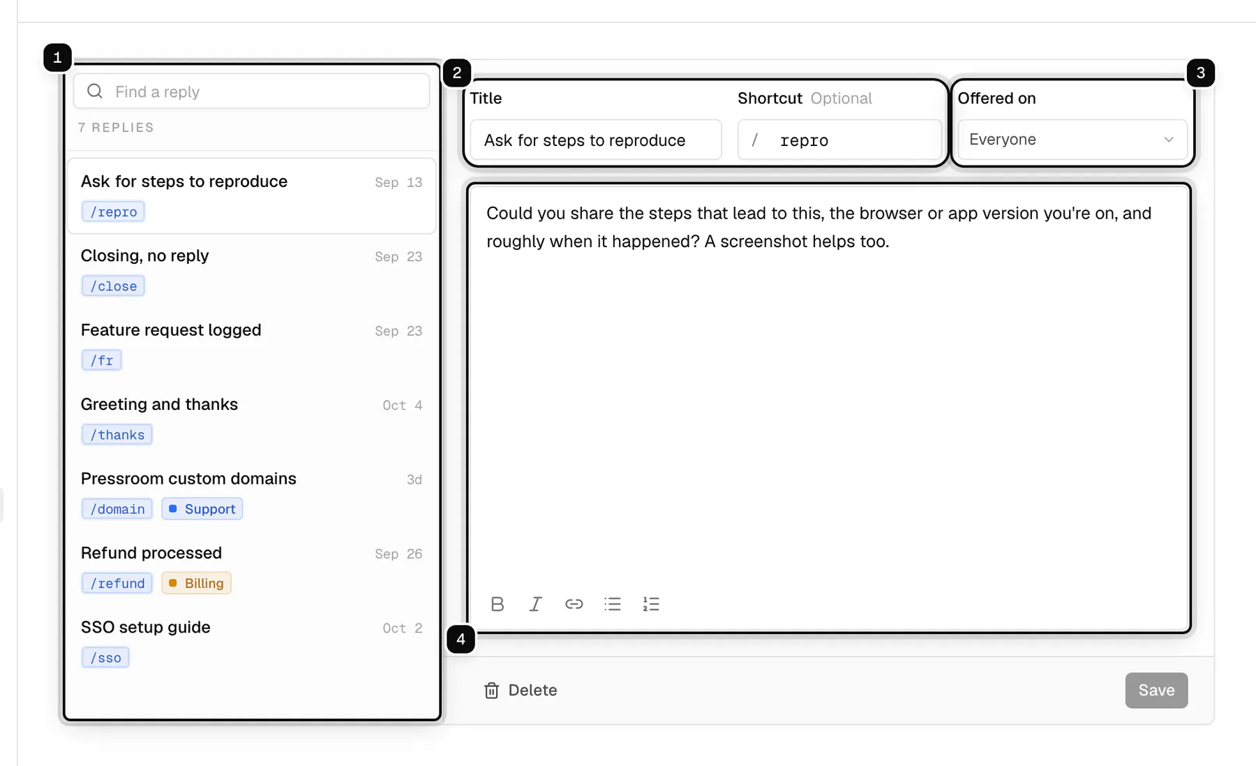 The Saved replies settings page: the list of replies ringed as 1, the Title and Shortcut fields ringed as 2, the Offered on picker ringed as 3, and the reply text editor ringed as 4