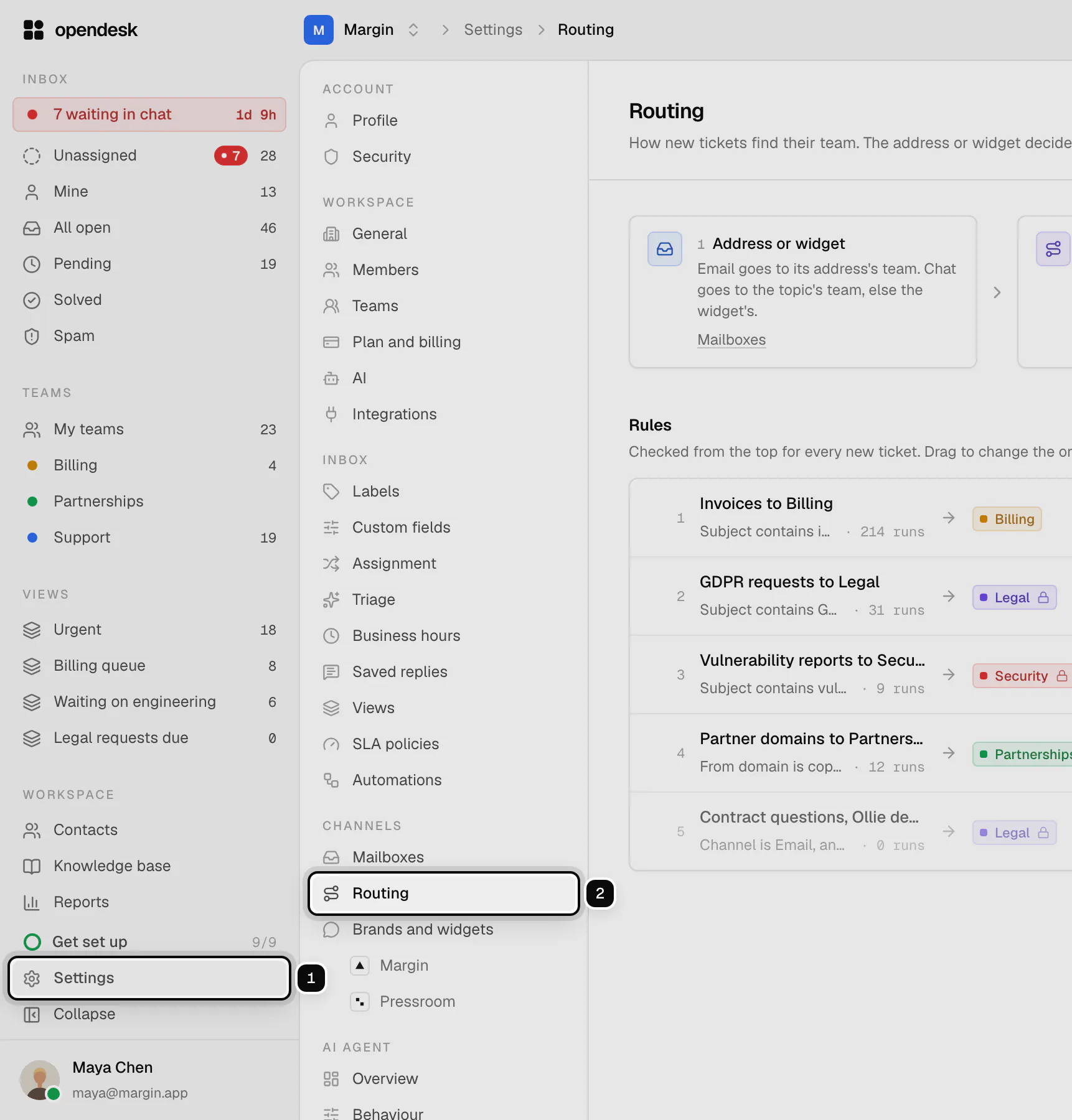 The app with Settings in the sidebar ringed as 1 and Routing in the settings menu ringed as 2