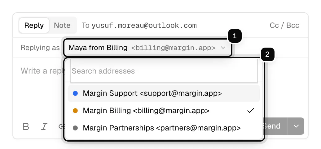 The reply box with Replying as Maya from Billing billing@margin.app ringed as 1, and the address picker open with the brand's addresses ringed as 2