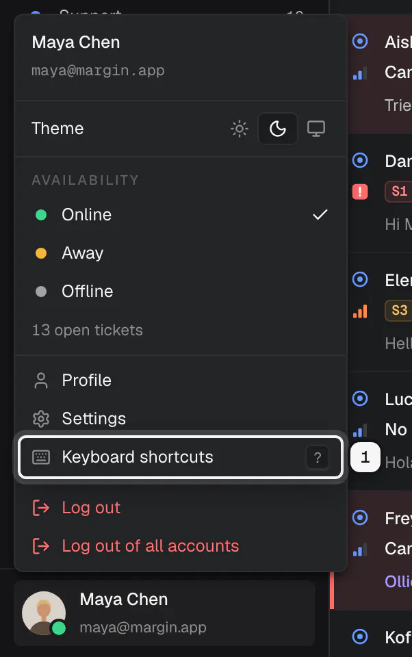The account menu open from the bottom of the sidebar, with Keyboard shortcuts and its ? key ringed as 1