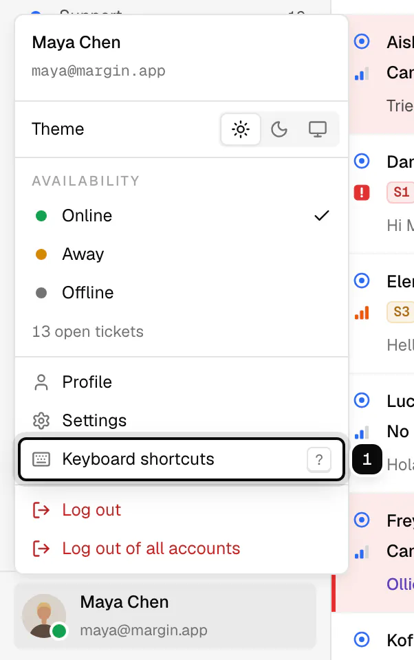 The account menu open from the bottom of the sidebar, with Keyboard shortcuts and its ? key ringed as 1