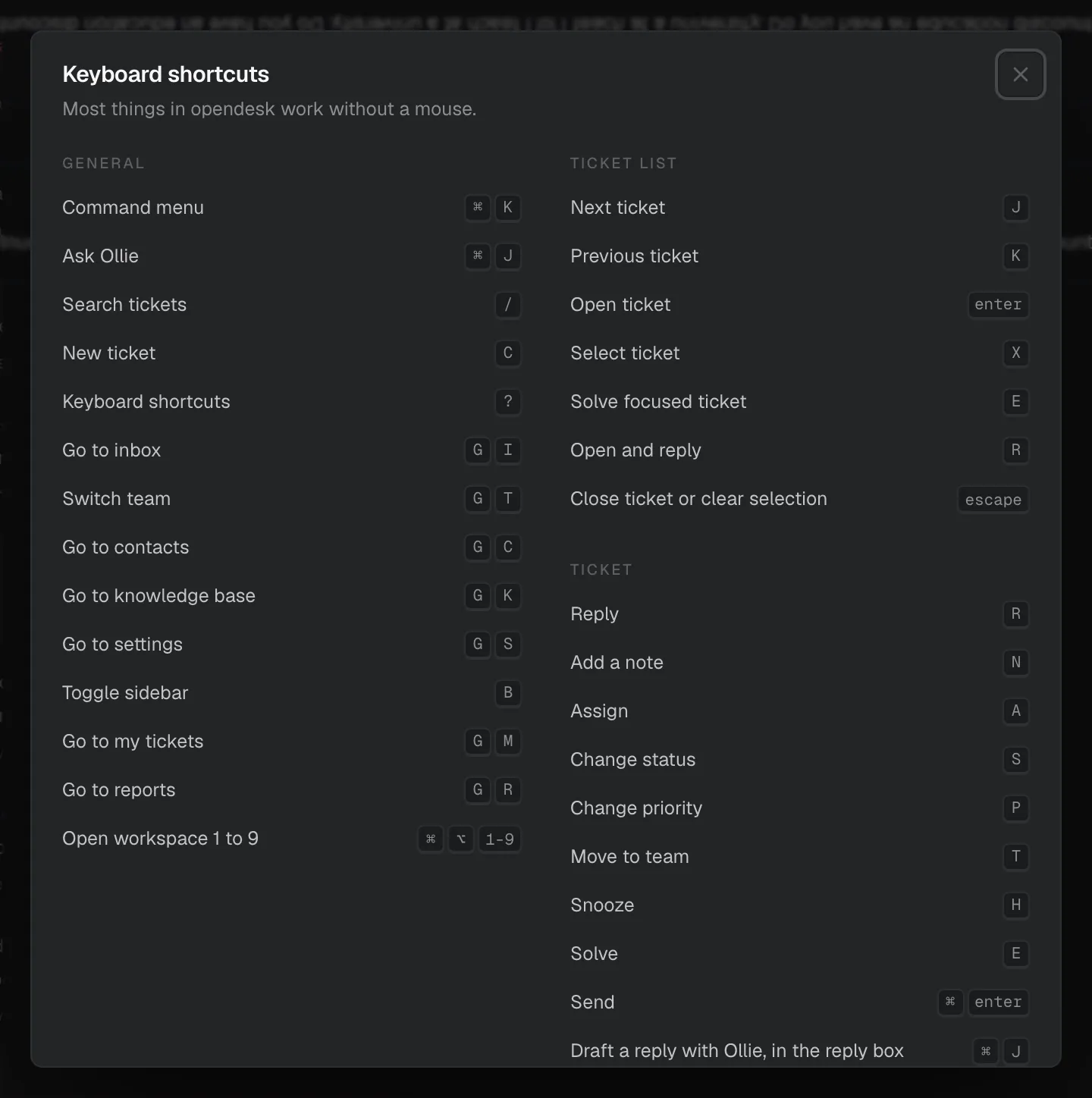The Keyboard shortcuts sheet with three lists: General, Ticket list and Ticket, each action next to its keys