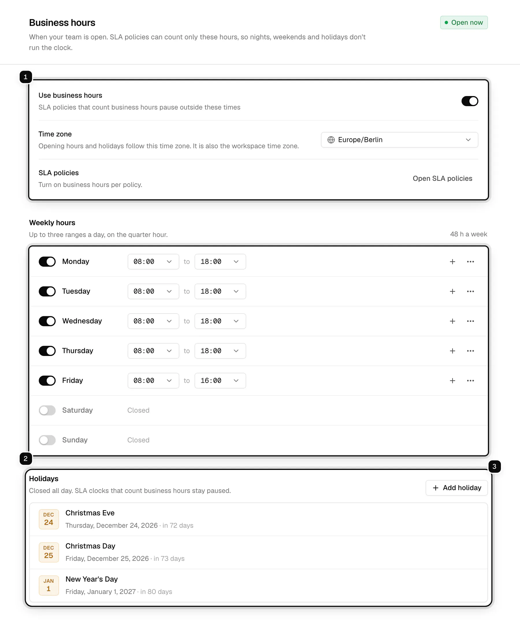 The Business hours settings page: the switch to use business hours and the time zone ringed as 1, the weekly hours from Monday to Sunday ringed as 2, and the Holidays section ringed as 3