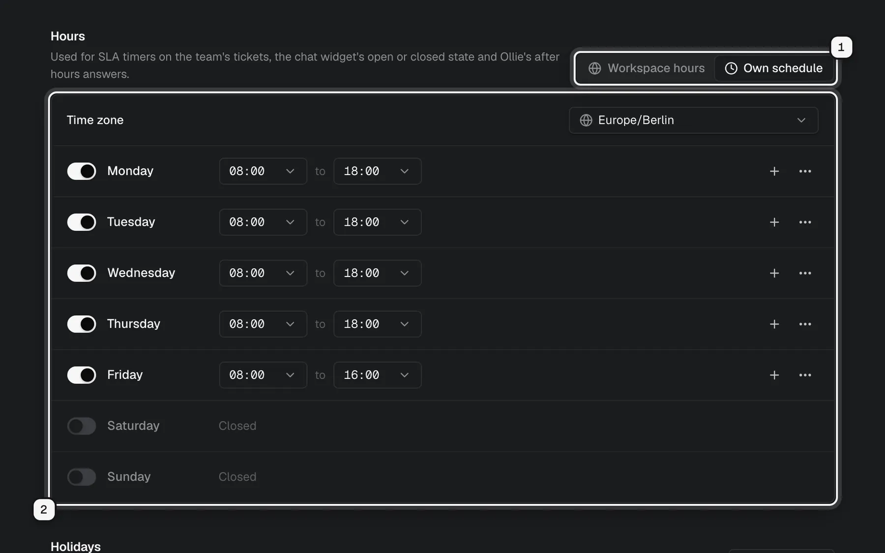 A team's Hours section: the Workspace hours and Own schedule choice ringed as 1, with Own schedule picked, and the team's own time zone and weekly hours ringed as 2
