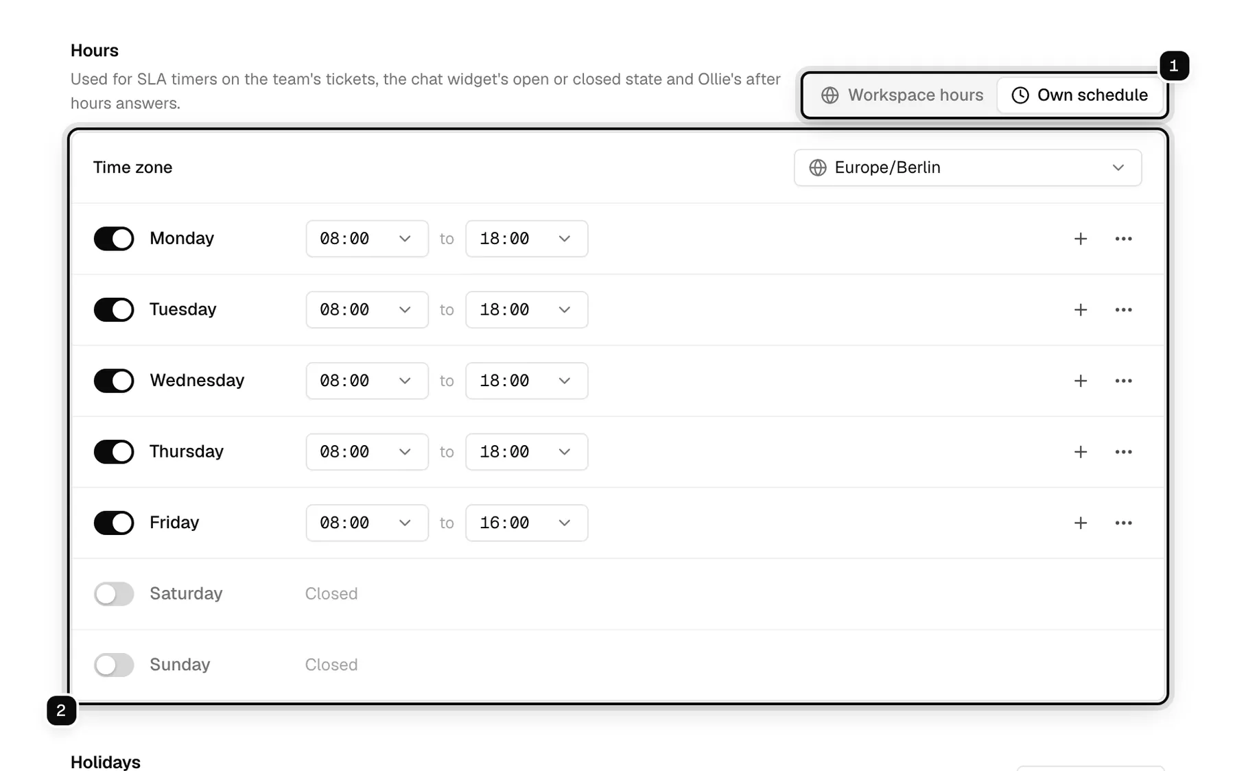 A team's Hours section: the Workspace hours and Own schedule choice ringed as 1, with Own schedule picked, and the team's own time zone and weekly hours ringed as 2