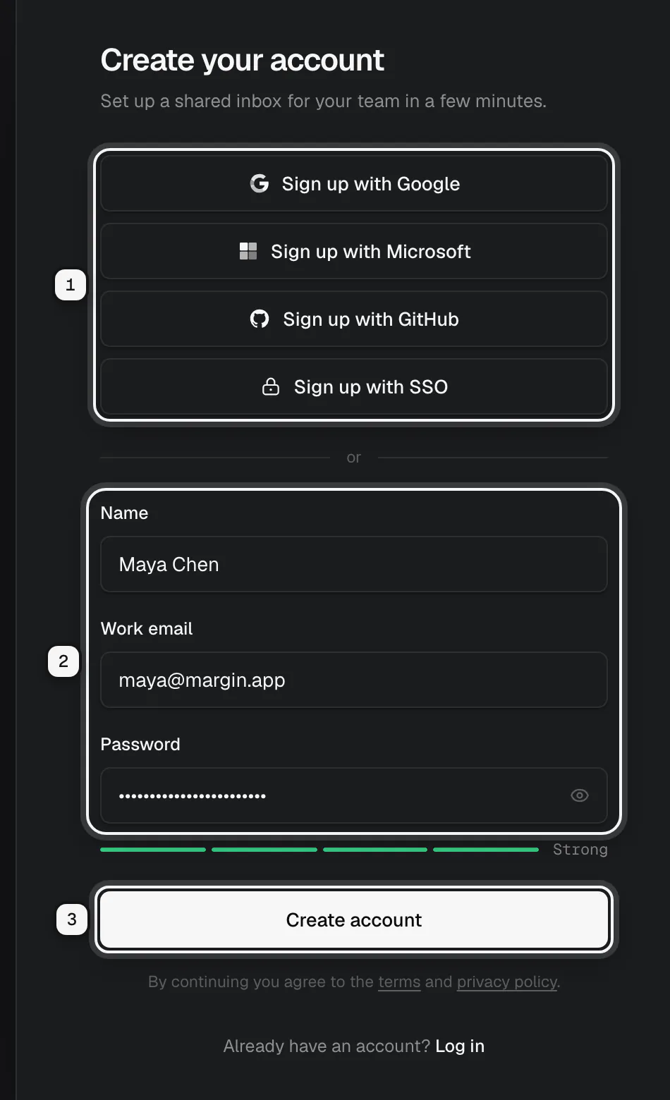 The Create your account page: the sign-up buttons ringed as 1, the name, work email and password fields ringed as 2, and the Create account button ringed as 3