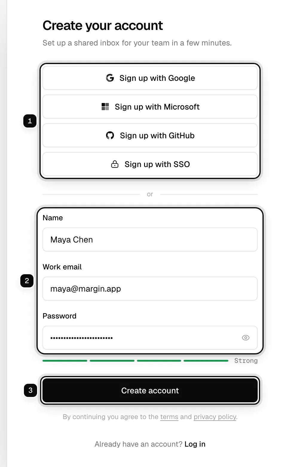 The Create your account page: the sign-up buttons ringed as 1, the name, work email and password fields ringed as 2, and the Create account button ringed as 3