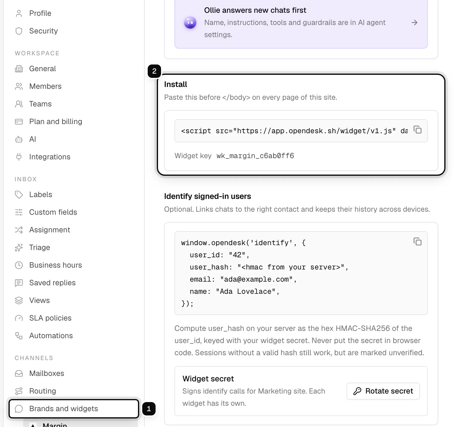 The chat widget settings: Brands and widgets in the settings menu ringed as 1, and the Install section with the script tag and widget key ringed as 2