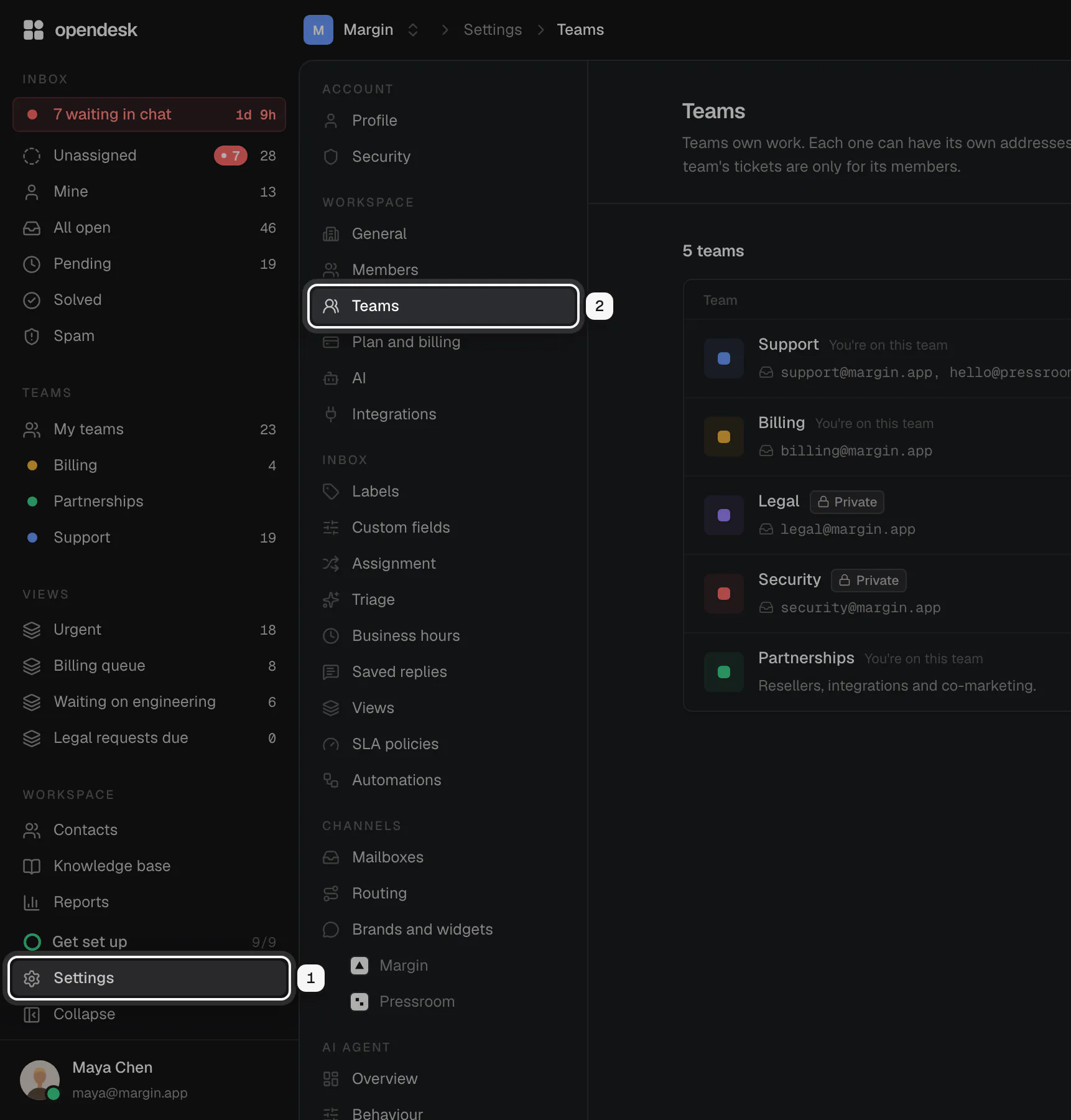The app with Settings in the sidebar ringed as 1 and Teams in the settings menu ringed as 2