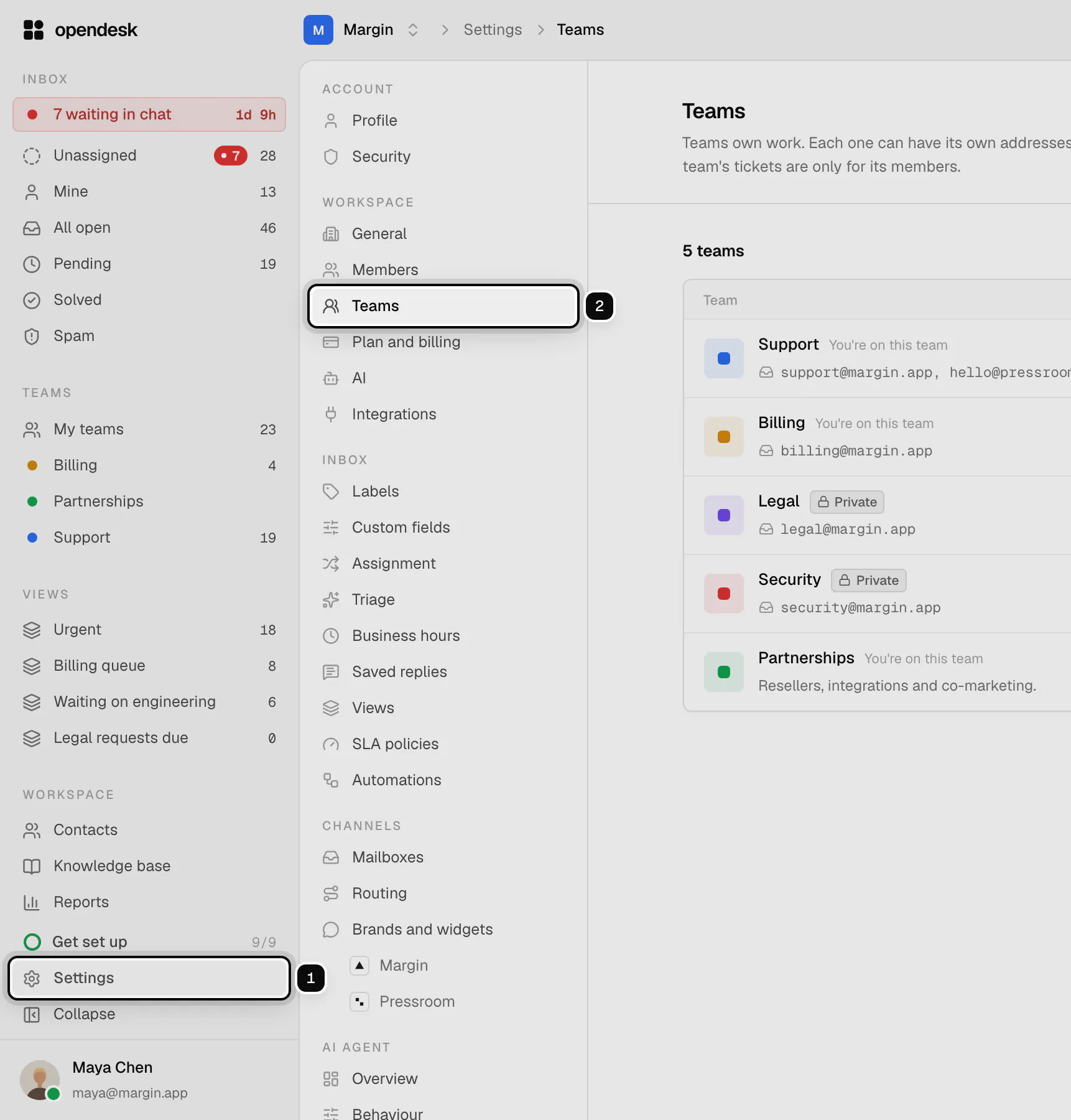 The app with Settings in the sidebar ringed as 1 and Teams in the settings menu ringed as 2