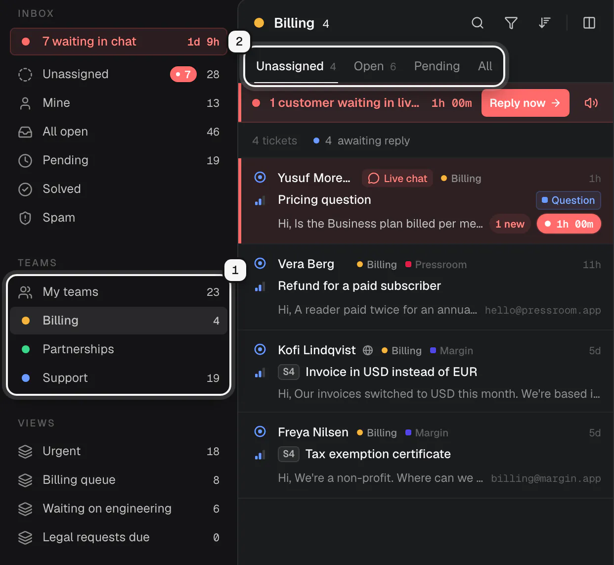 The sidebar Teams section with My teams and each team ringed as 1, and the Unassigned, Open, Pending and All tabs of the Billing inbox ringed as 2