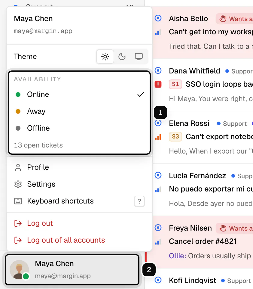 The account menu open from the bottom of the sidebar: the Availability choices Online, Away and Offline ringed as 1, and the button with your name that opens it ringed as 2