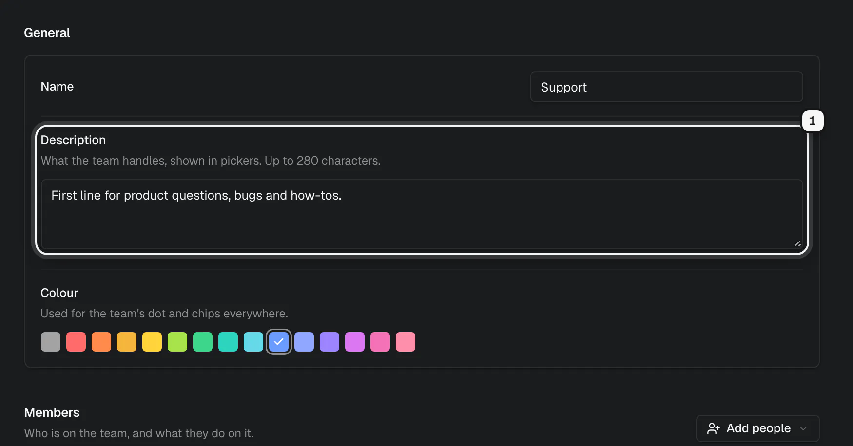 A team's General section with the Description field ringed as 1